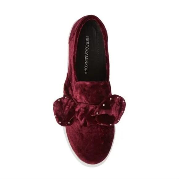 Rebecca Minkoff Burgundy Velvet Rhinestone‎ Bow Platform Slip On Sneakers 7.5 - Picture 1 of 14